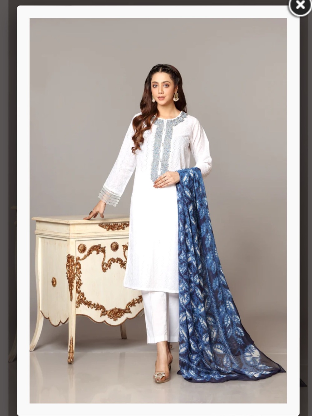 White Embroidered Kurta Set with Blue Printed Dupatta